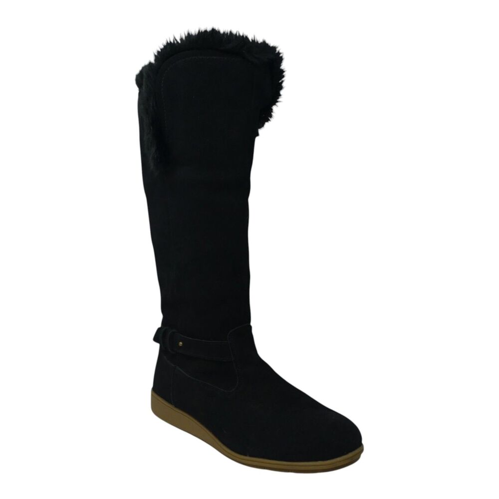 Lands End Black Suede Faux Fur Lined Wedge Heel Tall Winter Boots Womens 10